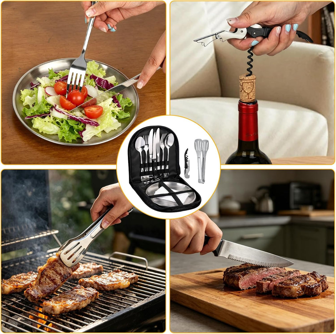 Camping Geschirr Set 2 Personen 13 Stück Tragbars Campingbesteck Set aus Edelstahl für Camping, Pick