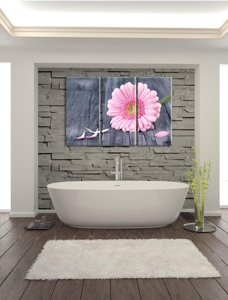 Pixxprint Pinke Gerbera auf rustikalem Boden als Leinwandbild - Grösse: 3-Teilig (120x80cm) - Wandbi
