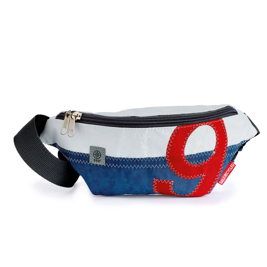 360 Grad Gürteltasche, Hüfttasche, Crossbag aus Segeltuch, Unisex, Segel weiss-blau, Zahl rot