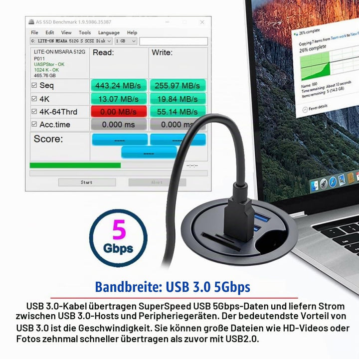 CY USB 3.0 Hub SD TF USB-C 2 Port USB 60mm Schreibtischtülle Splitter Dockstation Micro-SD-Kartenles
