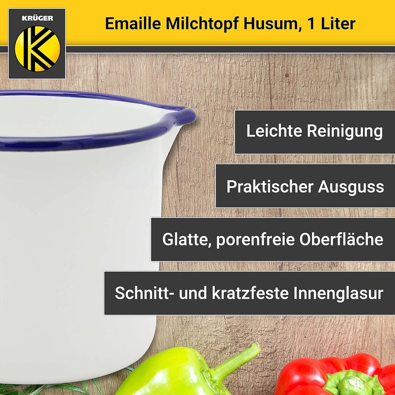 Krüger Emaille-Milchtopf Weiss 12cm, 1 Liter - Topf mit Vollkontaktboden für energiesparendes Kochen