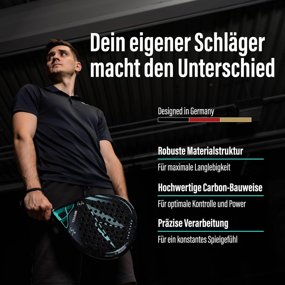 Padelschläger Zone One aus Carbonfaser - 100% Carbon-Rahmen, Soft-Eva-Kern, 365 g, Tropfenform, raue