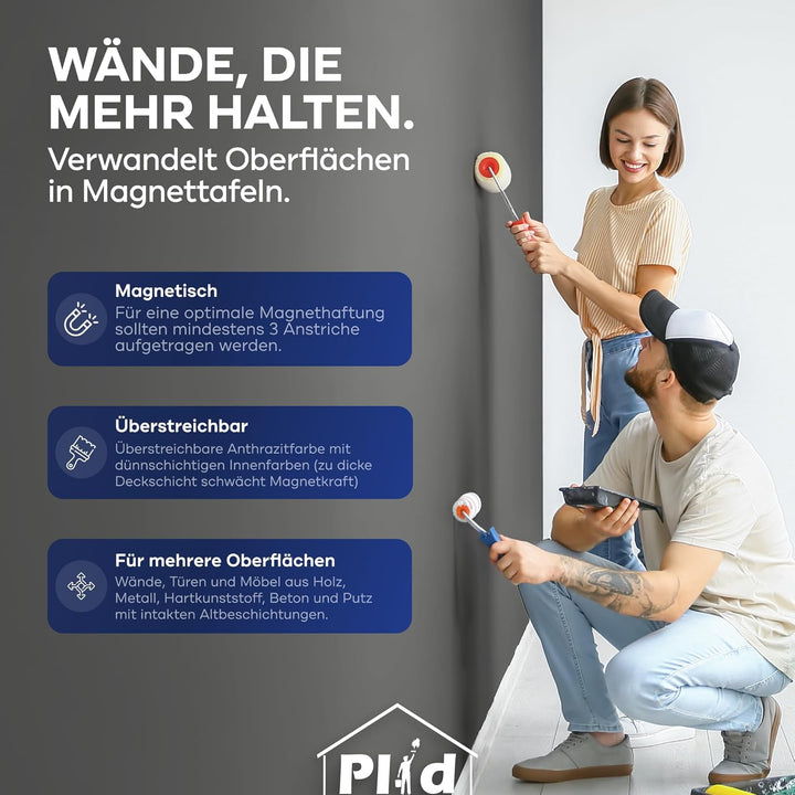 plid® Magnetfarbe Anthrazitgrau - [überstreichbar] - auf Wänden, Türen, Möbeln - z. B. Holz,-Metall-
