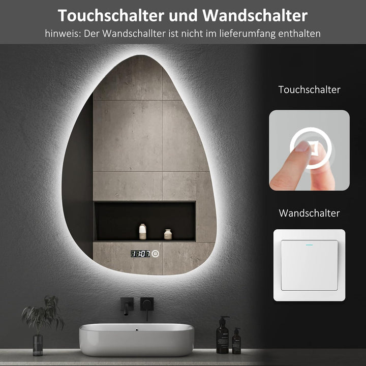Boromal Unregelmässiger Form Asymmetrischer Spiegel mit LED Beleuchtung, Badspiegel mit Beleuchtung