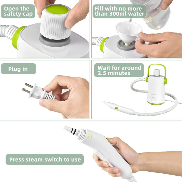 FANTASK 1000W Dampfreiniger Handgerät, 300 ml Wasserkapazität & 10 Zubehörsätze, Steamshot Steam Cle