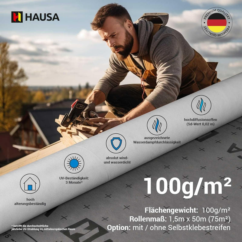 Unterspannbahn 100g/m² flexible hochdiffusionsoffene Unterdeckbahn 2x1,5mx50m (150m²) reissfest witt
