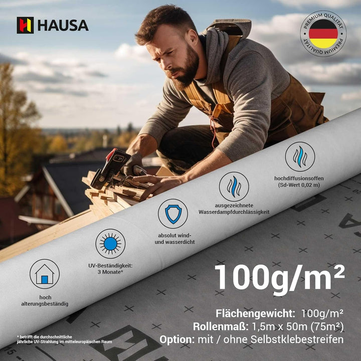 Unterspannbahn 100g/m² flexible dreilagige hochdiffusionsoffene Unterdeckbahn 3x1,5mx50m (225m²) rei