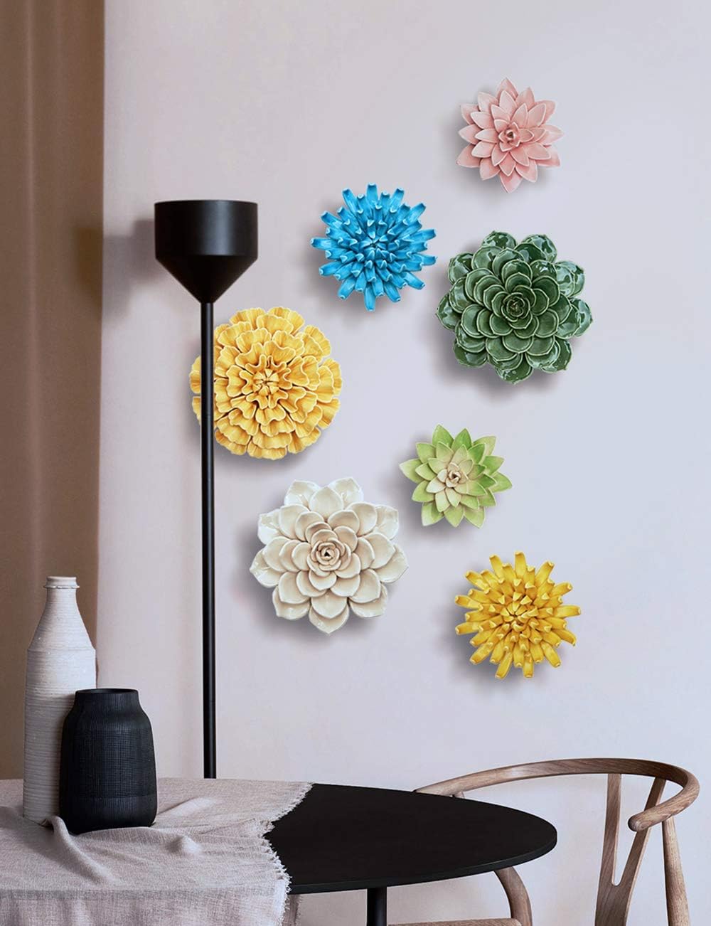 SEINHIJO Wand Dekoration Skulptur 3D Blumen Wandkunst Dekor Wohnzimmer Statue Keramik Gelb Arts 13cm