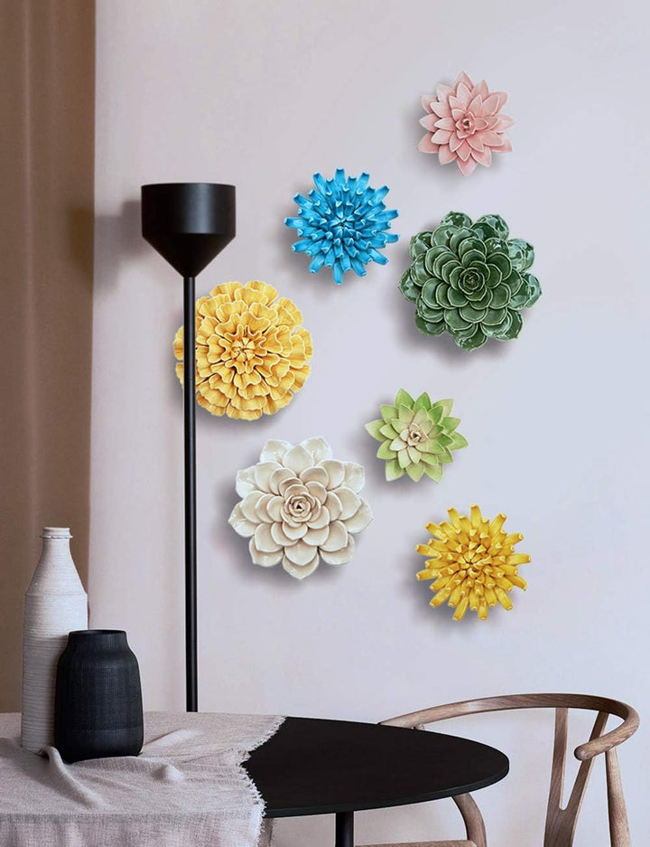 SEINHIJO Wand Dekoration Skulptur 3D Blumen Wandkunst Dekor Wohnzimmer Statue Keramik Gelb Arts 13cm
