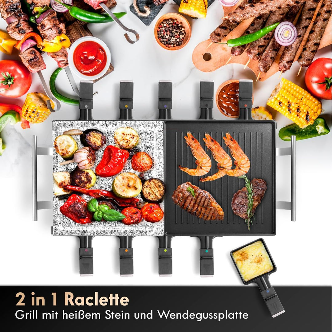 ProfiCook PC-RG 1144 Raclette/Tischgrill mit Naturgrillstein und Wendegussplatte, 10 Pfännchen, 10 H