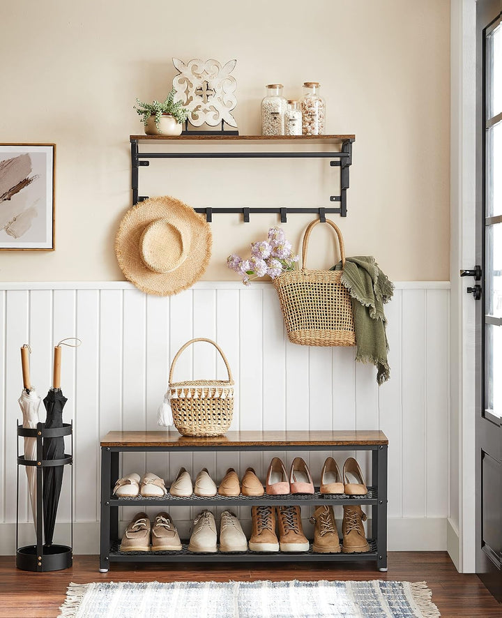 VASAGLE Wandgarderobe, Schuhbank, Wandregal mit Ablage und 10 Haken, Schuhregal mit 3 Ebenen, Aufbew