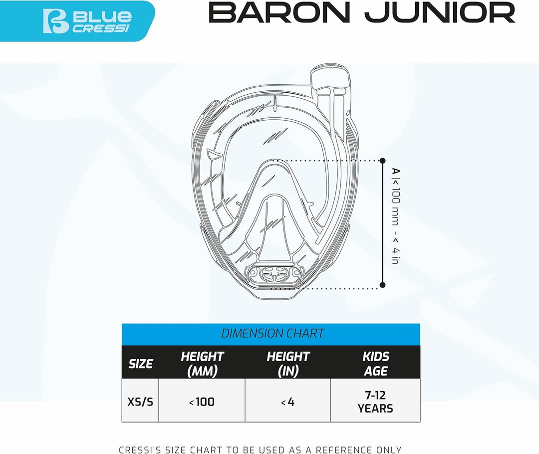 Cressi Baron Full Face Mask - Vollgesichts Antibeschlagmaske mit Auslassventil und Dry Schnorchel XS