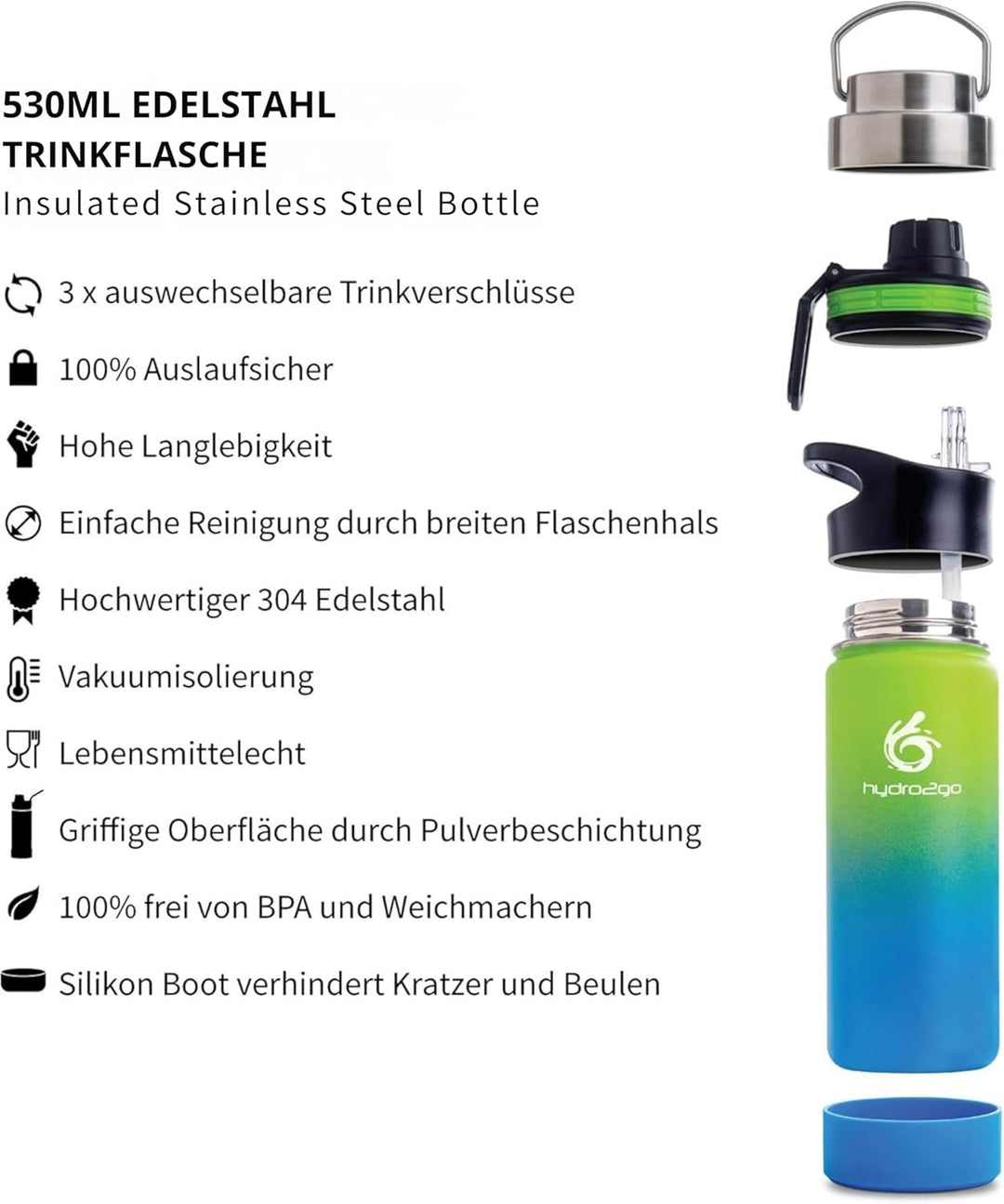 hydro2go Edelstahl Trinkflasche – BPA-freie Isolierflasche für Kinder, Schule, Sport & Outdoor – Häl