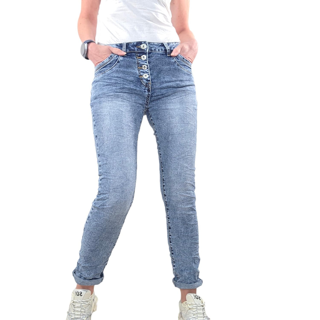 Jewelly Stretch Jeans| im Baggy Boyfriend Schnitt| Damen Hose mit dekorativer Knopfleiste| Perfekter