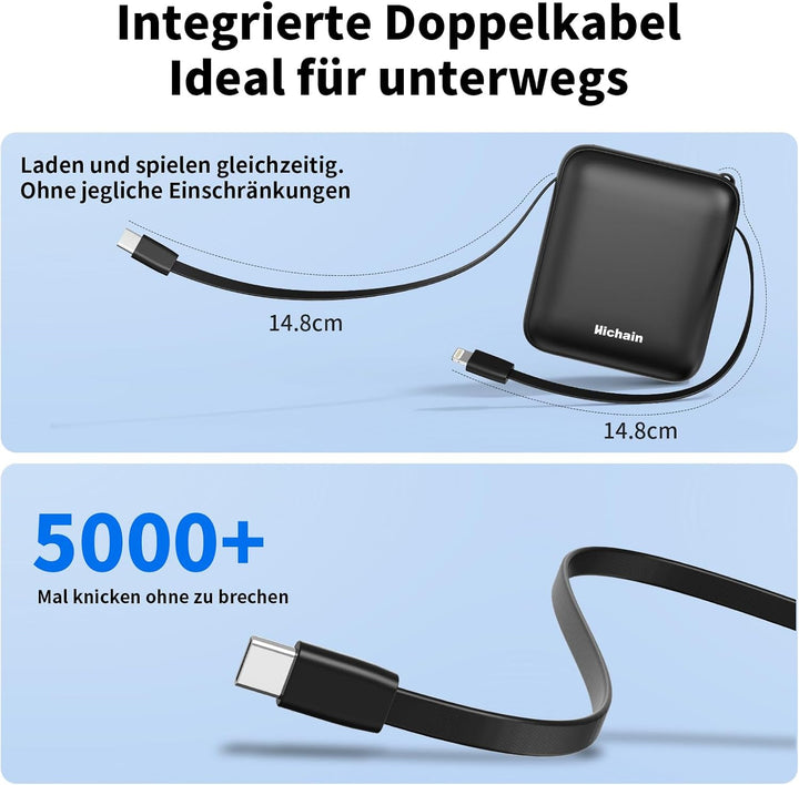 Hichain Power Bank Klein, 10000mAh 22,5W Powerbank USB C Schnellladen mit Integriertem USB-C Kabel,