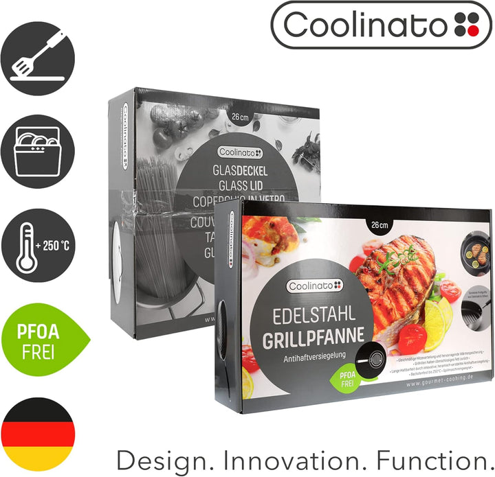 Coolinato Set aus Grillpfanne 26cm mit Glasdeckel, beschichtete Pfanne mit Deckel, Grillplatte rund