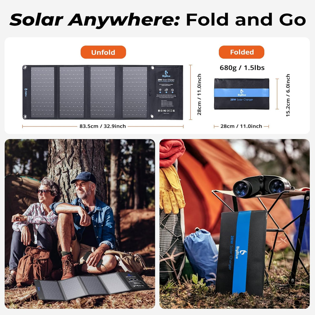 BigBlue 28W tragbar Solarladegerät mit 3 USB Port (4.8A insgesamt), Wasserdicht Solarpanel, faltbar,
