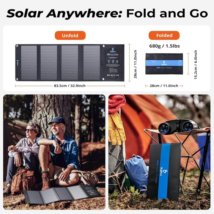 BigBlue 28W tragbar Solarladegerät mit 3 USB Port (4.8A insgesamt), Wasserdicht Solarpanel, faltbar,