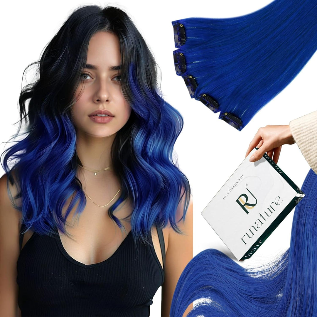 RUNATURE Clip in Extensions Echthaar Blau 55cm Remy Clip Echthaar Extensions Glatt Haar Clip in Haar