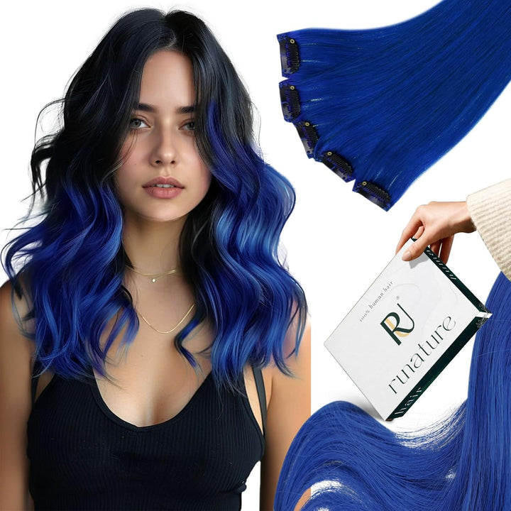 RUNATURE Clip in Extensions Echthaar Blau 55cm Remy Clip Echthaar Extensions Glatt Haar Clip in Haar