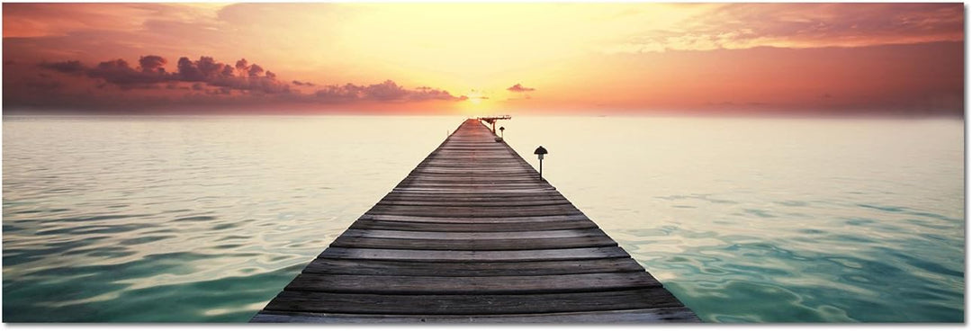 Augenblicke Wandbilder Leinwandbild als Panorama in 150x50cm Meer Strand Steg Wolkenhimmel Abendrot