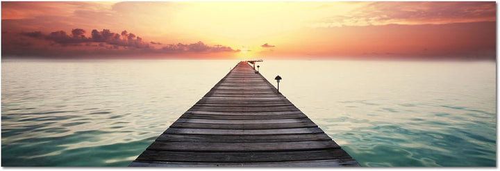 Augenblicke Wandbilder Leinwandbild als Panorama in 150x50cm Meer Strand Steg Wolkenhimmel Abendrot
