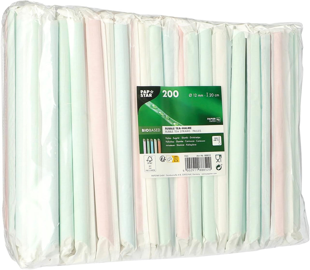 Papstar Bubble Tea Halme, Papier Ø 12 mm, 20 cm farbig sortiert einzeln gehüllt, einseitig spitz 888