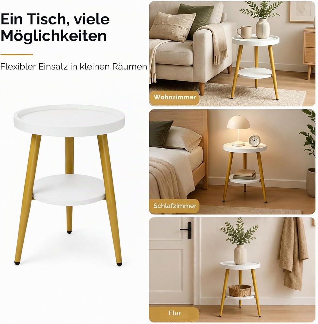 Beistelltisch Rund, Couchtisch Klein mit 2 Ablagen, Kleiner Runder Tisch Einfach zu Montieren (H48X