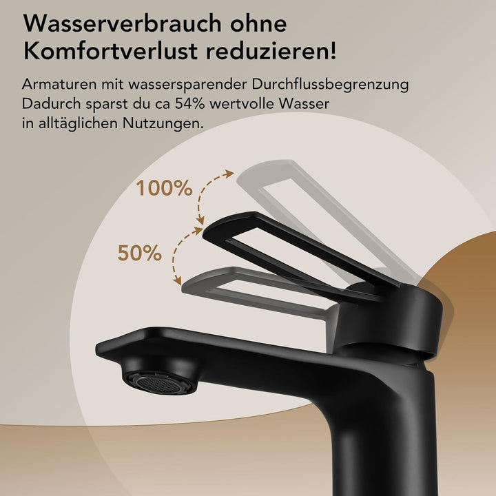 Wasserhahn Bad mit Zugstange, Einhebel-Waschtischarmatur mit Ablaufgarnitur, Schwarz Einhandmischer