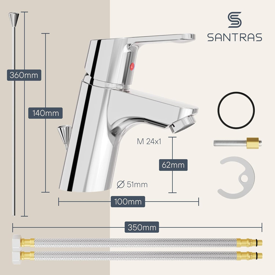 SANTRAS® Waschtischarmatur für das Bad mit Zugstange in Chrom – Einhebel-Mischarmatur warm kalt für