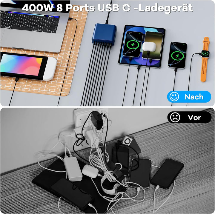400W USB C Ladegerät Mehrfach, GaN IV 8 Ports USB Ladegerät Mehrfach, 400W 8-Port Schnellladegerät K