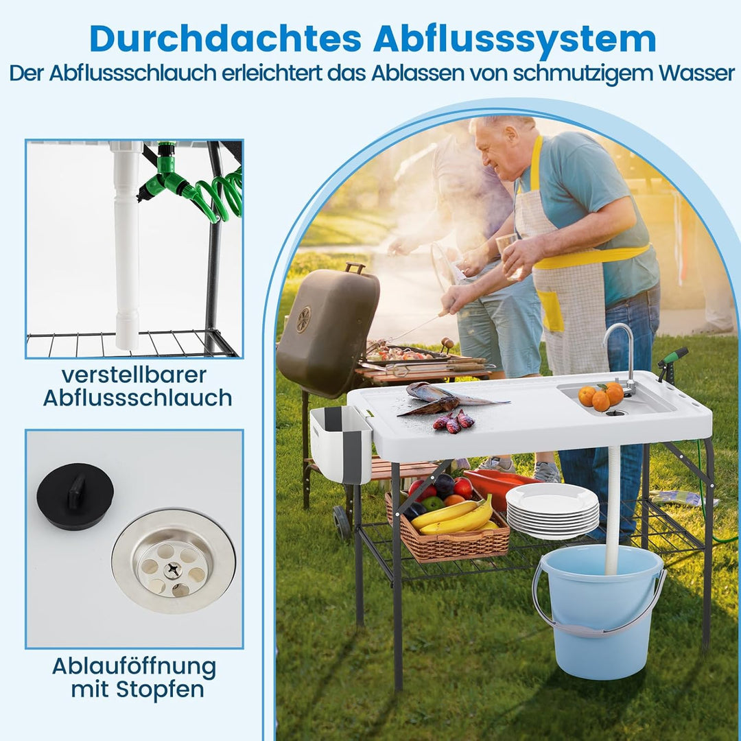 COSTWAY Klappbarer Fischreinigungstisch, Filetiertisch mit Spüle, Gitterablage, Wasserhahn, Sprühdüs