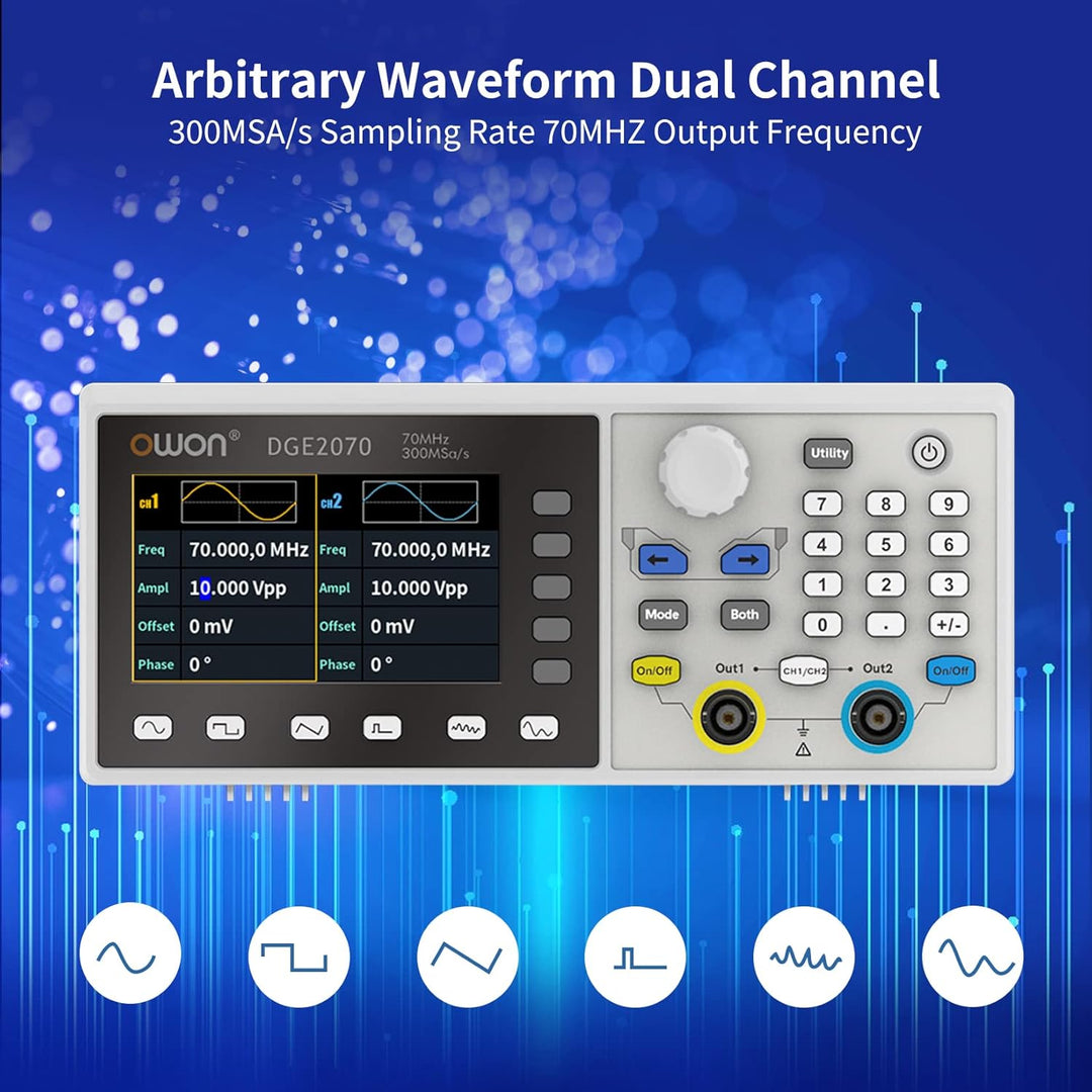 OWON DGE2070 Dual Channels 70 MHz Funktionsgenerator, 3,6 Zoll LCD-Display, tragbarer willkürlicher
