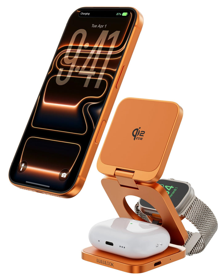 LULULOOK Ultra Kompakt Qi2.2 25W 3 in 1 Ladestation, Faltbar Reise MagSafe Ladegerät für iPhone 17/1