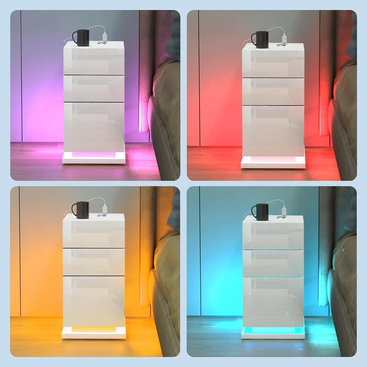 Nachttisch Schmal mit Led, Schmaler Kleiner Nachtschrank mit Steckdose und 3 Schubladen, Nachtkästch