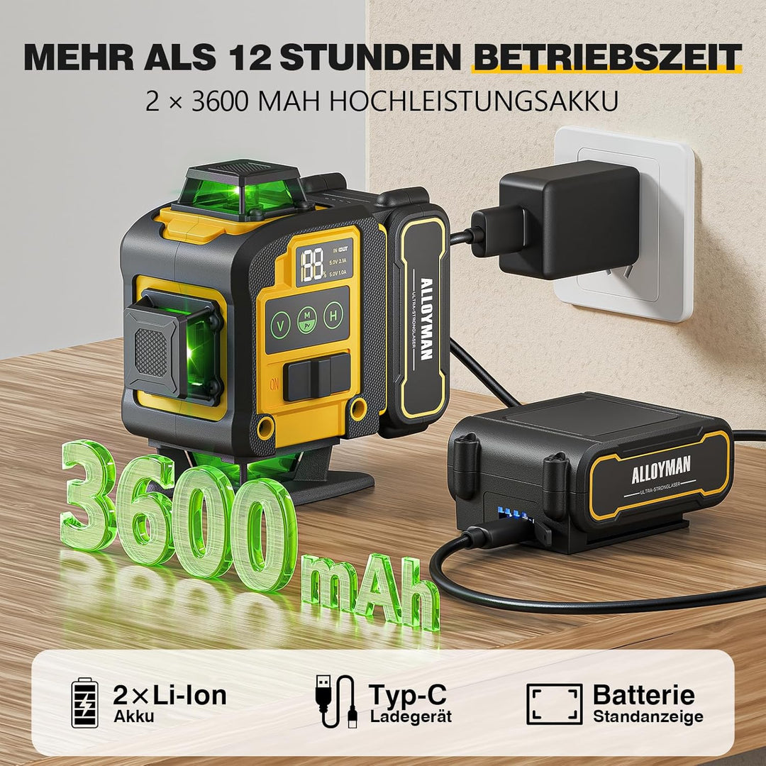 Alloyman Kreuzlinienlaser mit Stativ, 4×360°Laser Wasserwaage, 4D Selbstnivellierend Grün Linienlase