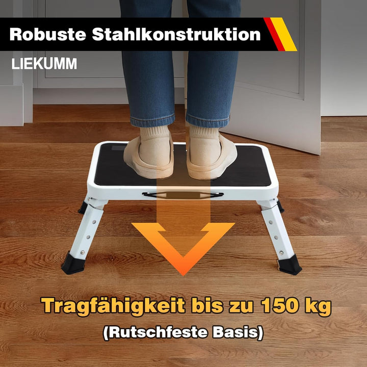LIEKUMM 3-stufige Klappbarer Tritthocker, 150 kg Tragkraft Höhenverstellbar Tritthocker, Leichte Tri