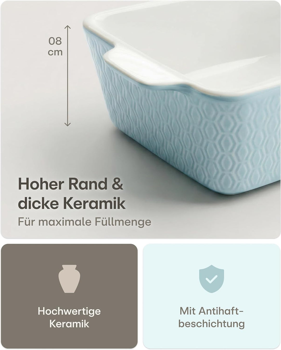 Auflaufform Gross aus Keramik - Für Lasagne, Tiramisu & Auflauf - Extra Hoher Rand - Eckige Backform