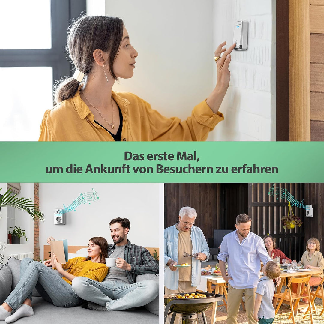 TECKNET IP65 Funkklingel Batterielosel IP65 400M mit 3 EU-Steckdosen 6 USB | 60 Melodien, 5 Lautstär