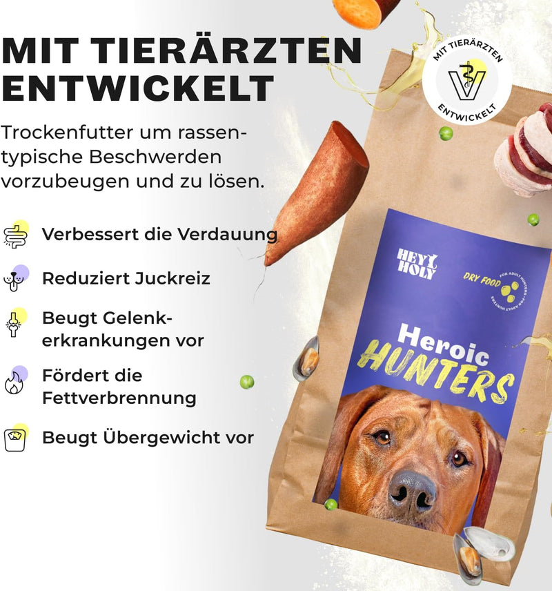 HEY HOLY Premium Trockenfutter für grosse Jagdhunde getreidefrei | 7kg Hundefutter für ausgewachsene