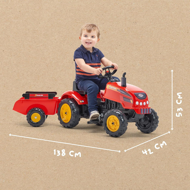 FALK - Traktor mit Pedalen X Tractor – Rot – mit Haube zum Öffnen und Anhänger ab 2 Jahren – 2046AB