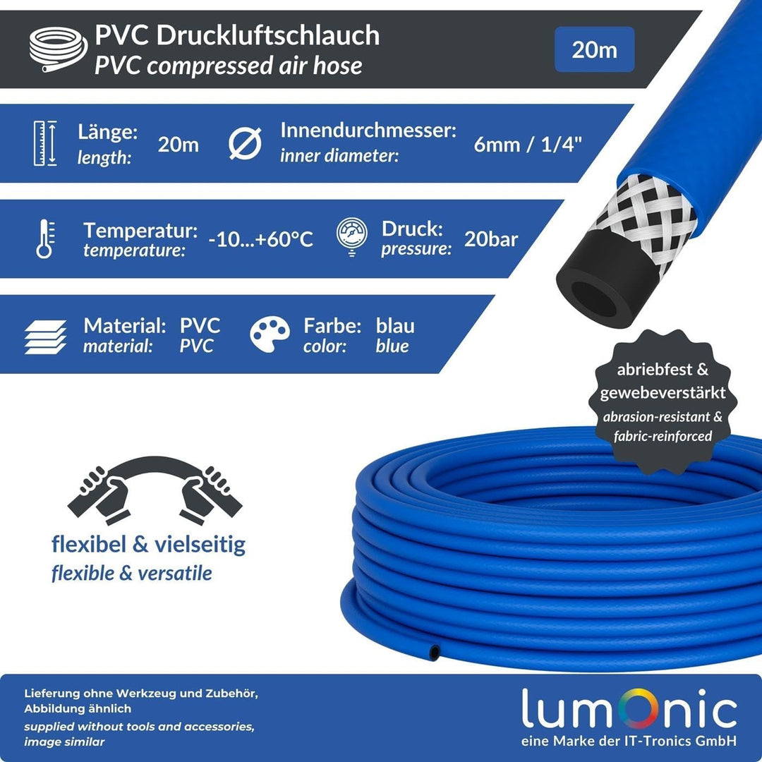 Lumonic 20m Druckluftschlauch I 6mm I flexibel, abriebfest und gewebeverstärkt I Druckluft & Bewässe
