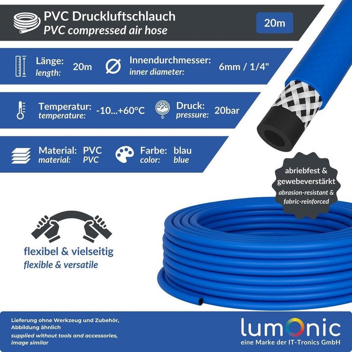 Lumonic 20m Druckluftschlauch I 6mm I flexibel, abriebfest und gewebeverstärkt I Druckluft & Bewässe
