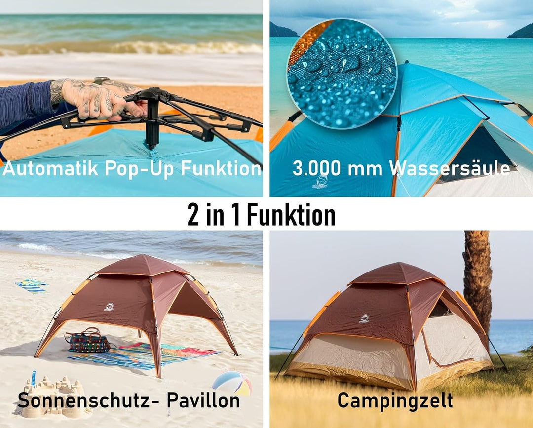 Automatik- Campingzelt Pop-Up Zelt 3-4 Personen 2 in 1 Campingzelt und Pavillon/Sonnenschutz – doppe