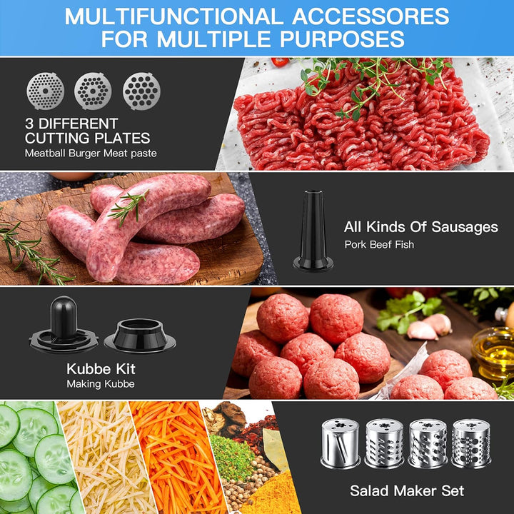 Meykey Fleischwolf Elektrisch 5 in 1 Multi Küchenmaschine mit 4 Klingen und 3 Edelstahl schneidplatt