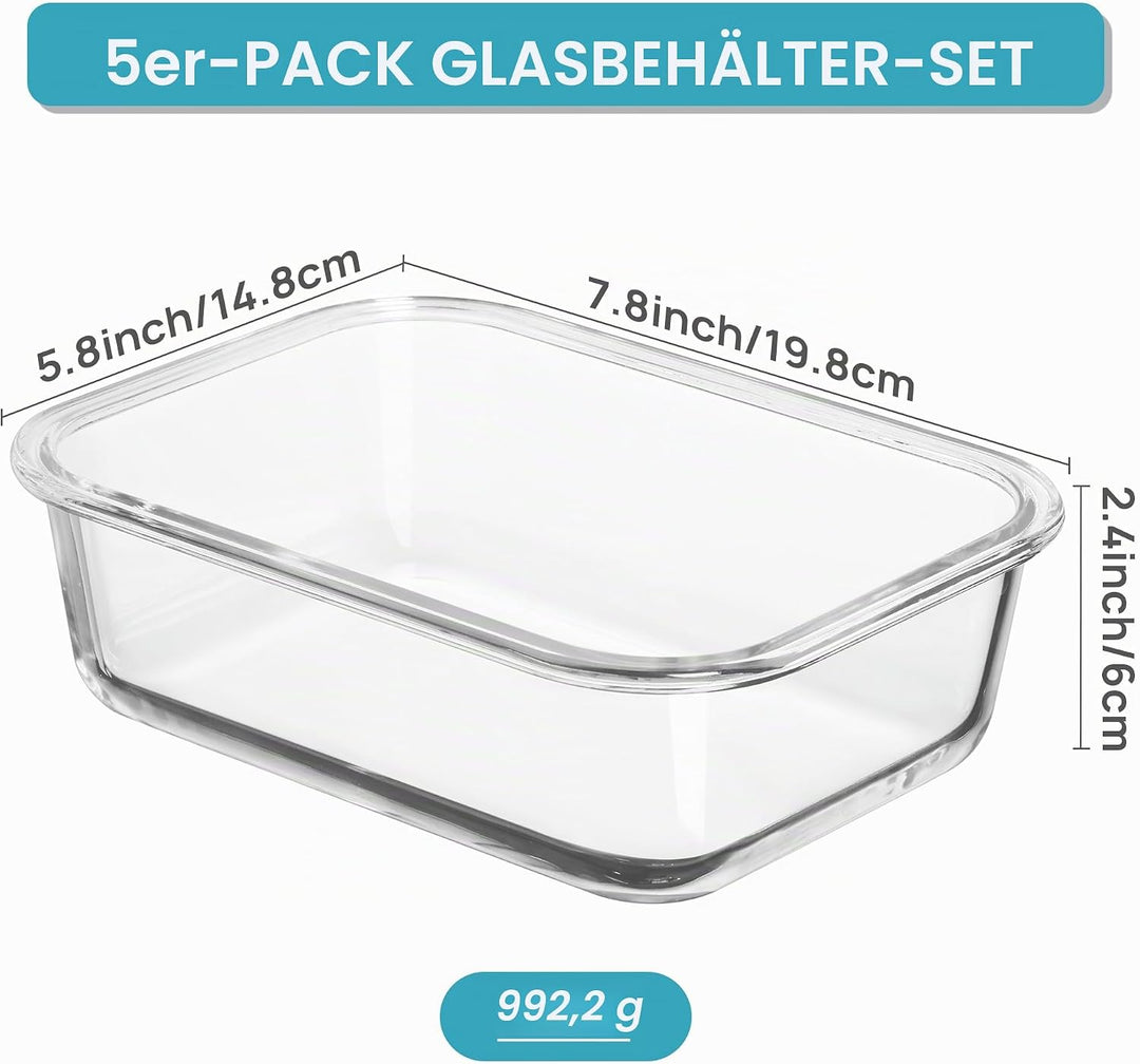 Vtopmart 5er-Pack Meal Prep Boxen Glas, 1035 ML Mealprepboxen für die Essensvorbereitung, Luftdicht