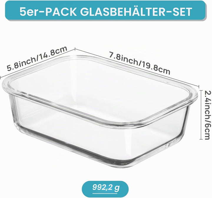 Vtopmart 5er-Pack Meal Prep Boxen Glas, 1035 ML Mealprepboxen für die Essensvorbereitung, Luftdicht