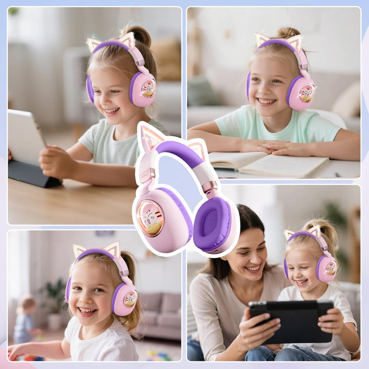 sunvito Kinder Kopfhörer Bluetooth 5.4, LED Beleuchtetes Katzenohr, Faltbarer Over-Ear Kopfhörer mit