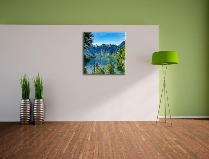 Blick auf den Königssee, Format: 70x70 auf Leinwand, XXL riesige Bilder fertig gerahmt mit Keilrahme