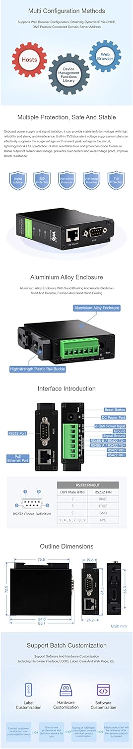 Industrial Isolated RS232/485/422 to RJ45 (ETH) Ethernet Module, with POE Function, Rail-Mount Seria